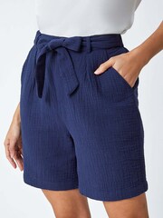 Roman Blue Textured Tie Waist 100% Cotton Shorts - Image 5 of 5
