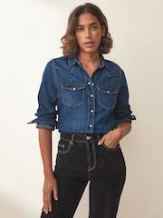 Dark Blue Fuller Bust Seam Detail Fitted Denim Western Shirt - Image 1 of 6