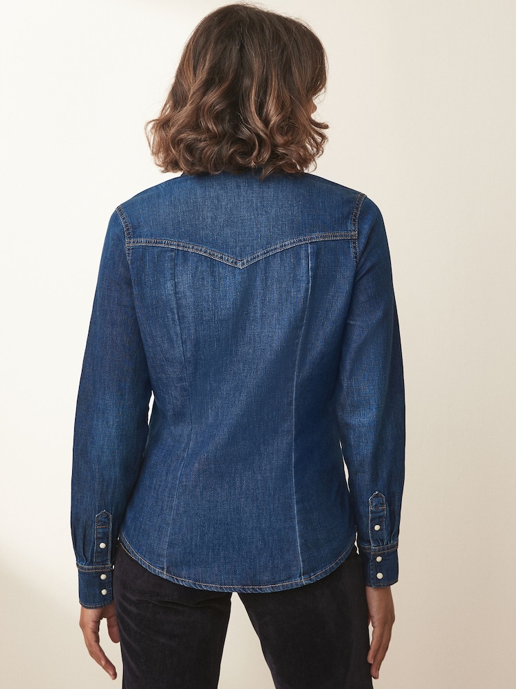 Dark Blue Fuller Bust Seam Detail Fitted Denim Western Shirt - Image 2 of 6