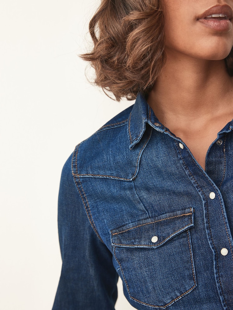 Dark Blue Fuller Bust Seam Detail Fitted Denim Western Shirt - Image 3 of 6