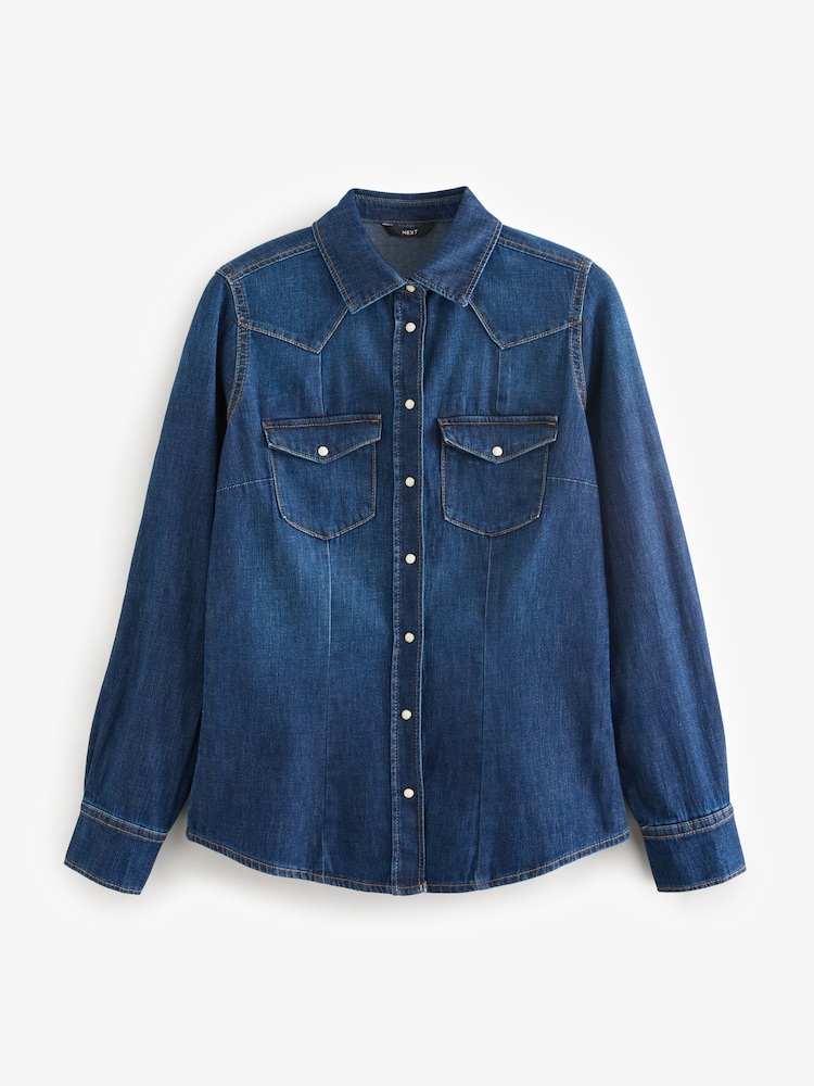 Dark Blue Fuller Bust Seam Detail Fitted Denim Western Shirt - Image 4 of 6