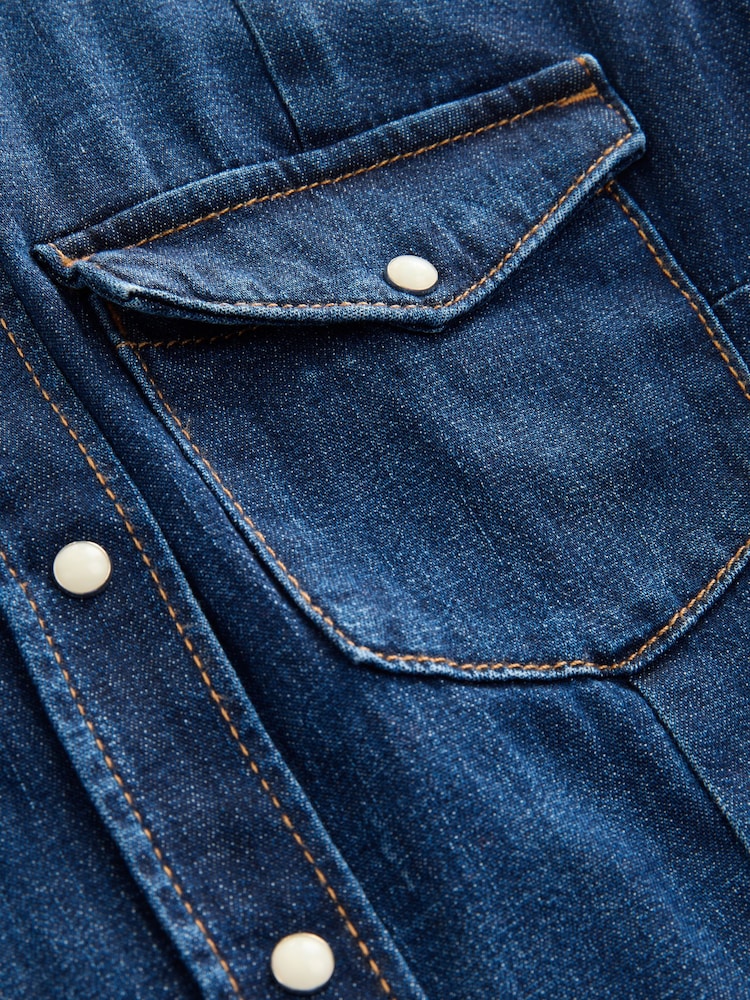 Dark Blue Fuller Bust Seam Detail Fitted Denim Western Shirt - Image 5 of 6
