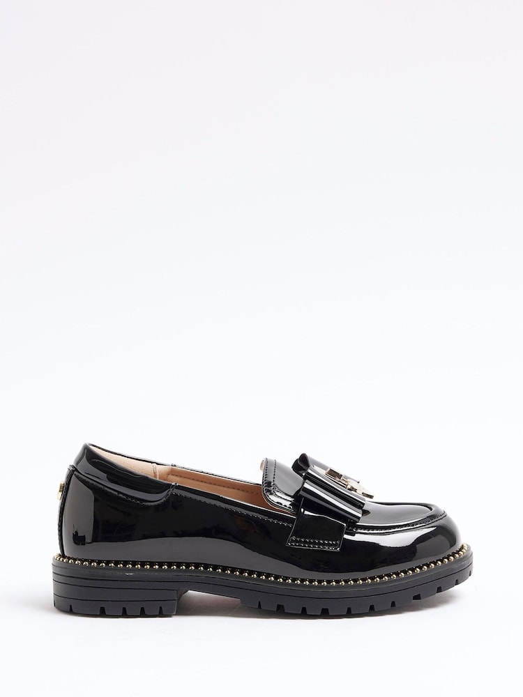 River Island Black Chrome Girls Bow Loafers - Image 1 of 4