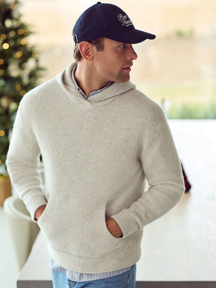 Ecru Marl Relaxed Fit Premium Soft Touch Knitted Hoodie - Image 3 of 10