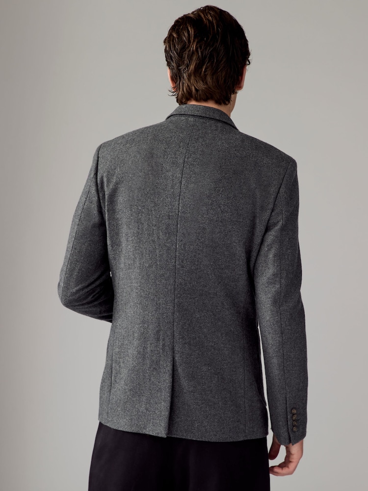 Charcoal Grey Slim Fit Wool Rich Herringbone Blazer - Image 3 of 9