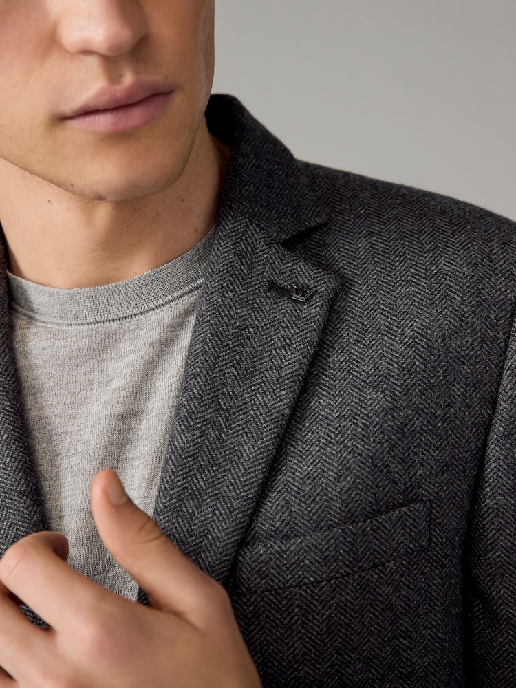Charcoal Grey Slim Fit Wool Rich Herringbone Blazer - Image 4 of 9