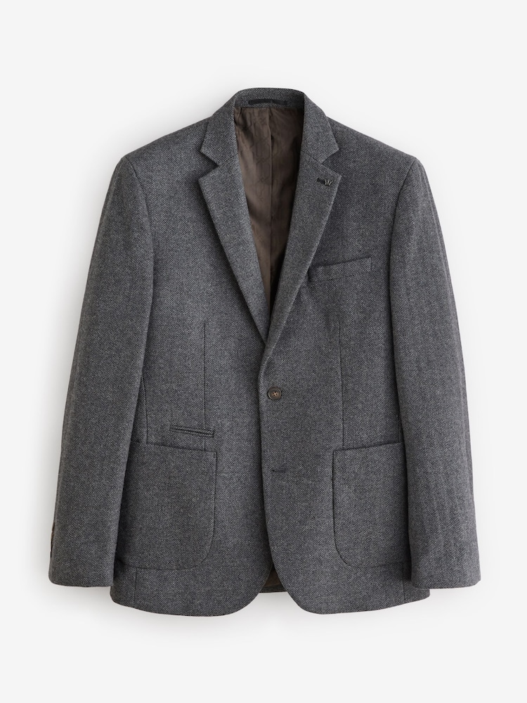 Charcoal Grey Slim Fit Wool Rich Herringbone Blazer - Image 5 of 9