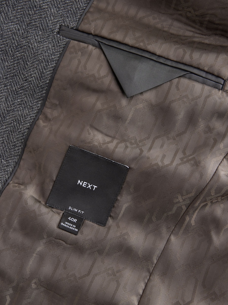 Charcoal Grey Slim Fit Wool Rich Herringbone Blazer - Image 8 of 9
