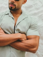 Tailored Athlete Green Muscle Fit Stretch Short Sleeve Linen Blend Cuban Collar Shirt - Image 1 of 6