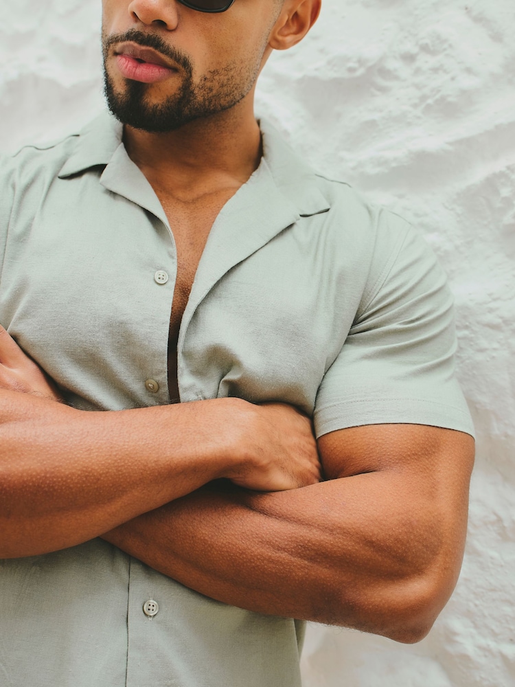 Tailored Athlete Green Muscle Fit Stretch Short Sleeve Linen Blend Cuban Collar Shirt - Image 1 of 6