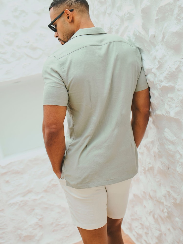 Tailored Athlete Green Muscle Fit Stretch Short Sleeve Linen Blend Cuban Collar Shirt - Image 2 of 6