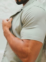 Tailored Athlete Green Muscle Fit Stretch Short Sleeve Linen Blend Cuban Collar Shirt - Image 3 of 6