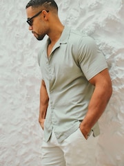 Tailored Athlete Green Muscle Fit Stretch Short Sleeve Linen Blend Cuban Collar Shirt - Image 4 of 6