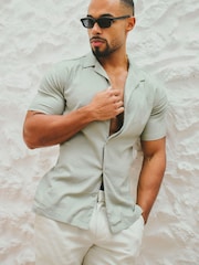 Tailored Athlete Green Muscle Fit Stretch Short Sleeve Linen Blend Cuban Collar Shirt - Image 5 of 6