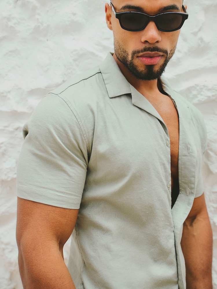 Tailored Athlete Green Muscle Fit Stretch Short Sleeve Linen Blend Cuban Collar Shirt - Image 6 of 6