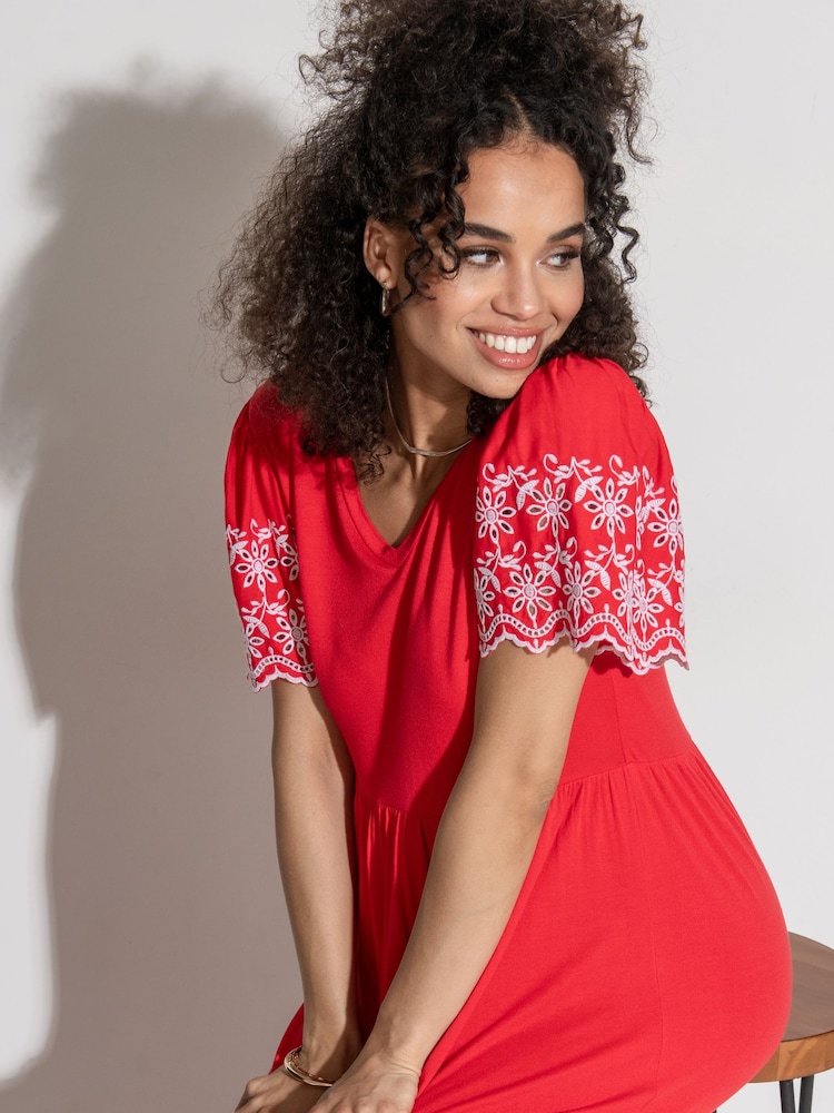 Pour Moi Red Nova Broderie Sleeve Crepe Jersey Midaxi Dress - Image 2 of 4 Pour Moi Red Nova Broderie Sleeve Crepe Jersey Midaxi Dress - Image 2 of 4