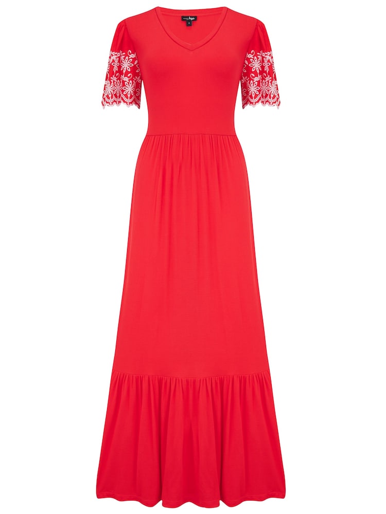 Pour Moi Red Nova Broderie Sleeve Crepe Jersey Midaxi Dress - Image 3 of 4