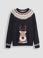 JoJo Maman Bébé Navy Blue Mens Reindeer Jumper - Image 1 of 3