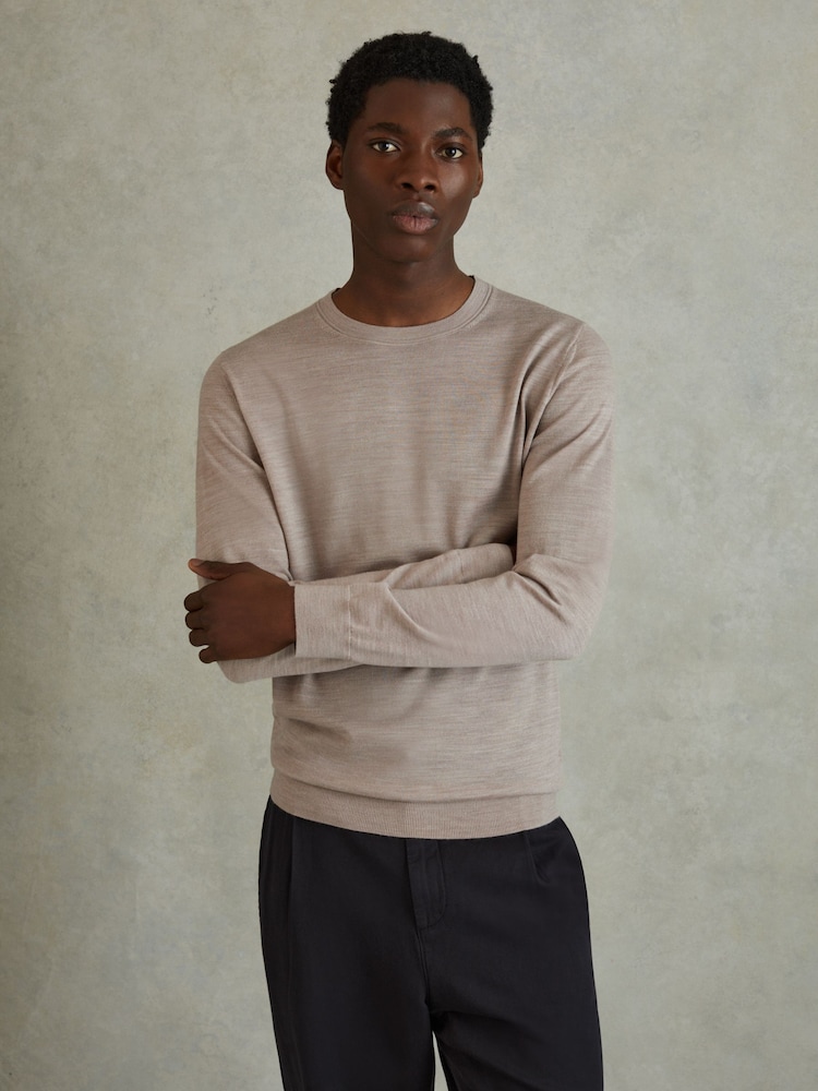 Reiss Wheat Melange Wessex Merino Wool Crew Neck Jumper - Image 1 of 6 Reiss Wheat Melange Wessex Merino Wool Crew Neck Jumper - Image 1 of 6