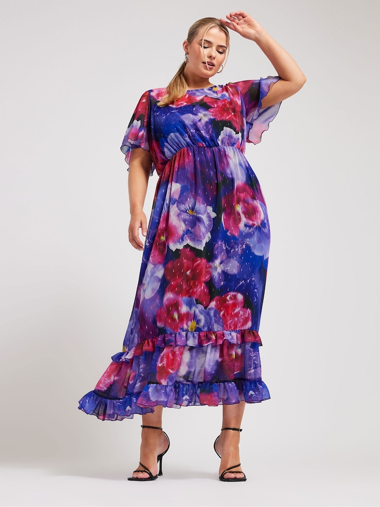 Yours Curve Blue LONDON Floral Print Maxi Smock Dress - Image 4 of 5