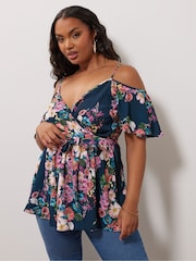 Yours Curve Blue YOURS LONDON Curve Navy Blue Floral Print Cold Shoulder Top - Image 1 of 5
