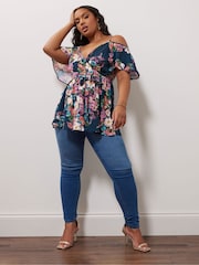 Yours Curve Blue YOURS LONDON Curve Navy Blue Floral Print Cold Shoulder Top - Image 2 of 5