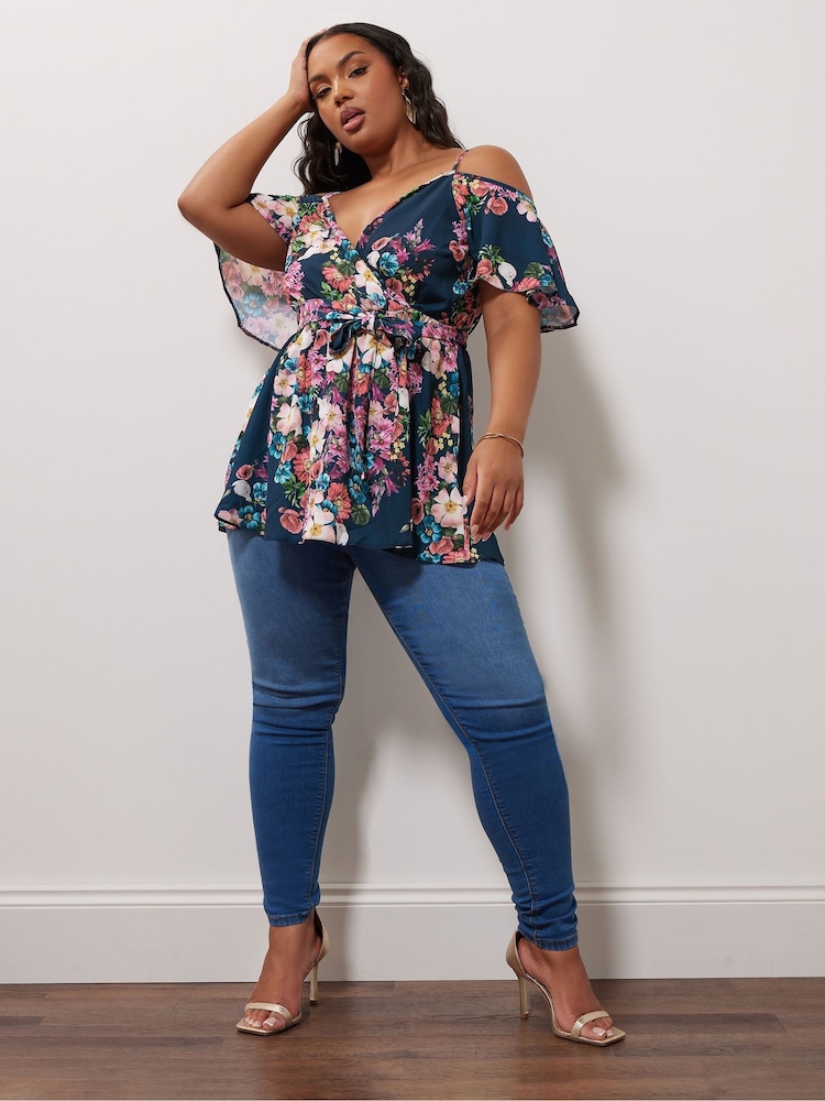 Yours Curve Blue YOURS LONDON Curve Navy Blue Floral Print Cold Shoulder Top - Image 2 of 5