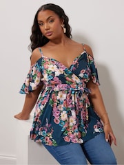 Yours Curve Blue YOURS LONDON Curve Navy Blue Floral Print Cold Shoulder Top - Image 3 of 5