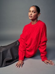 Red Crew Neck Cable Knitted Jumper With Wool - Image 1 of 6
