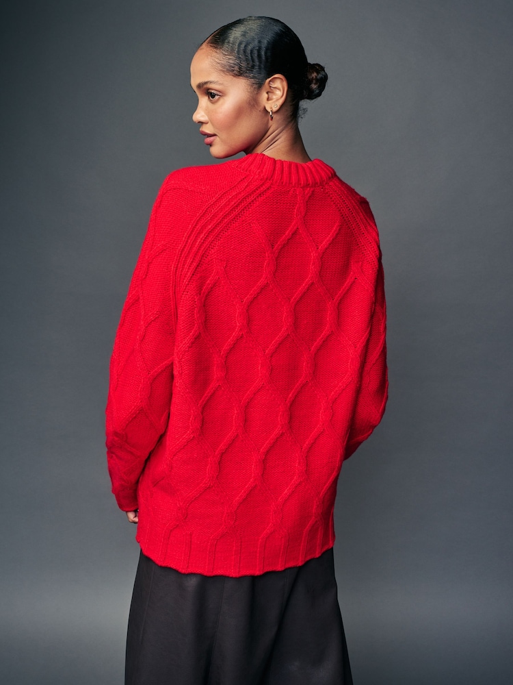 Red Crew Neck Cable Knitted Jumper With Wool - Image 2 of 6