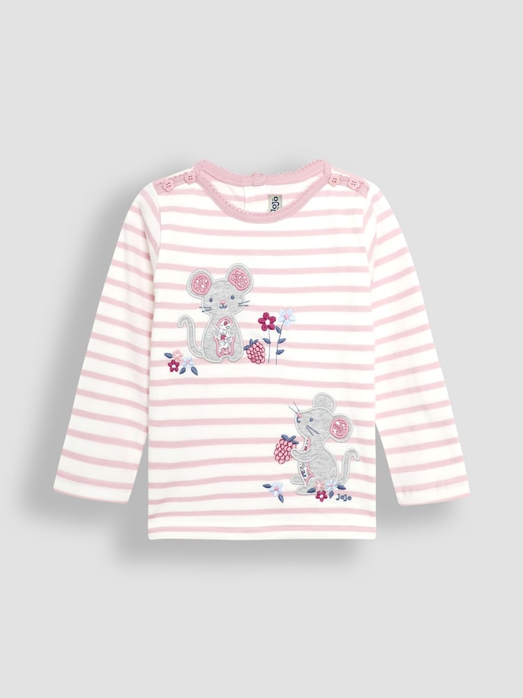 JoJo Maman Bébé Pink Mouse Button Shoulder Long Sleeve Appliqué Top - Image 1 of 3