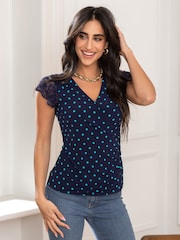 Pour Moi Blue Polka Dot Julie Fuller Bust Slinky Jersey Lace Trim Wrap Top - Image 1 of 4