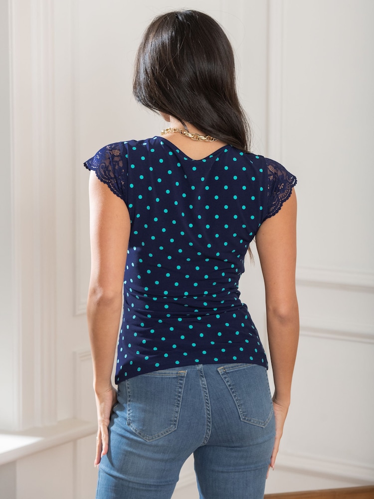 Pour Moi Blue Polka Dot Julie Fuller Bust Slinky Jersey Lace Trim Wrap Top - Image 2 of 4
