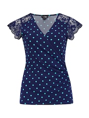 Pour Moi Blue Polka Dot Julie Fuller Bust Slinky Jersey Lace Trim Wrap Top - Image 3 of 4