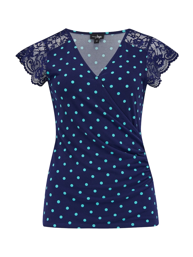 Pour Moi Blue Polka Dot Julie Fuller Bust Slinky Jersey Lace Trim Wrap Top - Image 3 of 4