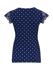 Pour Moi Blue Polka Dot Julie Fuller Bust Slinky Jersey Lace Trim Wrap Top - Image 4 of 4
