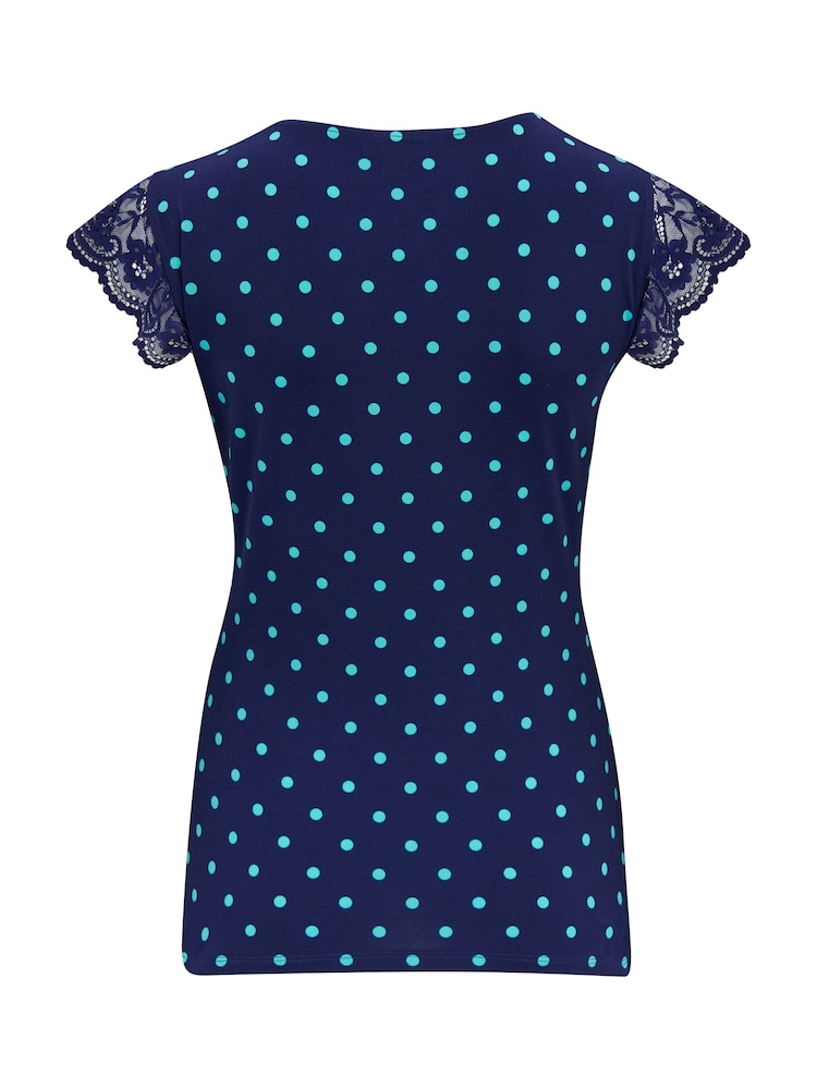 Pour Moi Blue Polka Dot Julie Fuller Bust Slinky Jersey Lace Trim Wrap Top - Image 4 of 4