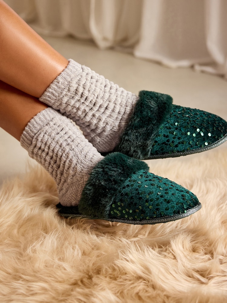 Bath & Body Works Green Sparkle Mule Slippers - Image 1 of 9