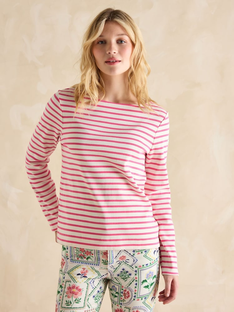 Joules Harbour Bright Pink Boat Neck 100% Cotton Breton Top - Image 1 of 6 Joules Harbour Bright Pink Boat Neck 100% Cotton Breton Top - Image 1 of 6