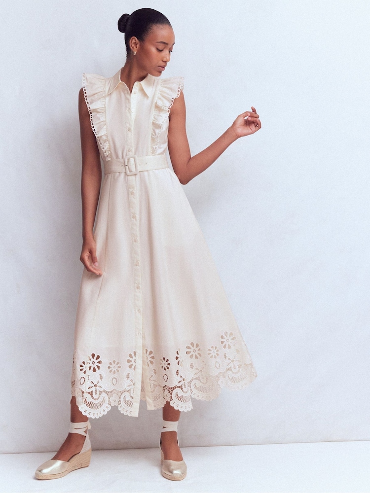Boden Cream Ruffle Bodice Shirt Dress - Image 1 of 6 Boden Cream Ruffle Bodice Shirt Dress - Image 1 of 6