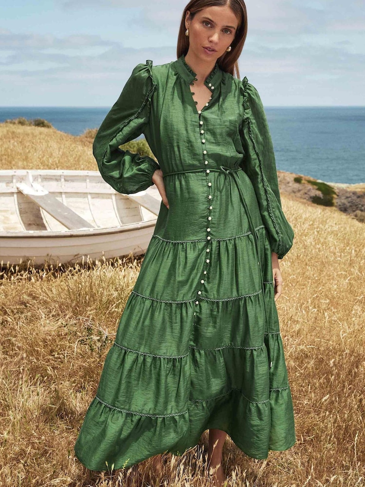 Forever New Green Jessie Button Down Midi Dress With A Touch of Linen - Image 1 of 5
