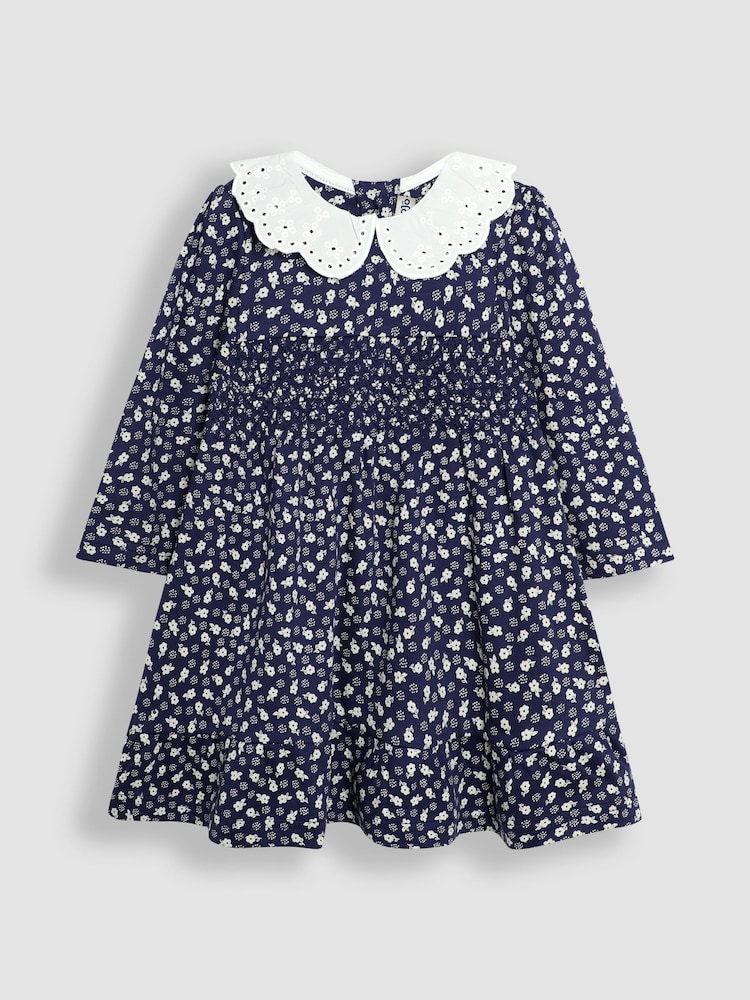 JoJo Maman Bébé Navy Blue Floral Broderie Collar Dress - Image 1 of 3