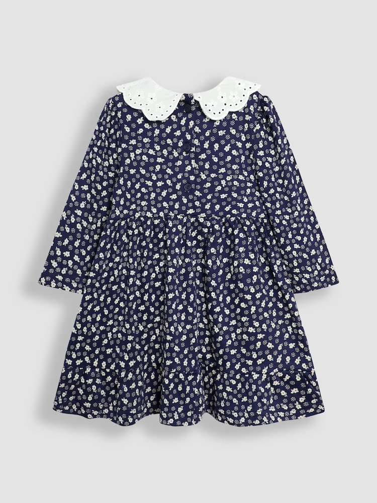JoJo Maman Bébé Navy Blue Floral Broderie Collar Dress - Image 2 of 3