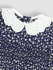 JoJo Maman Bébé Navy Blue Floral Broderie Collar Dress - Image 3 of 3