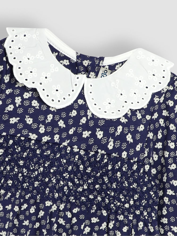 JoJo Maman Bébé Navy Blue Floral Broderie Collar Dress - Image 3 of 3