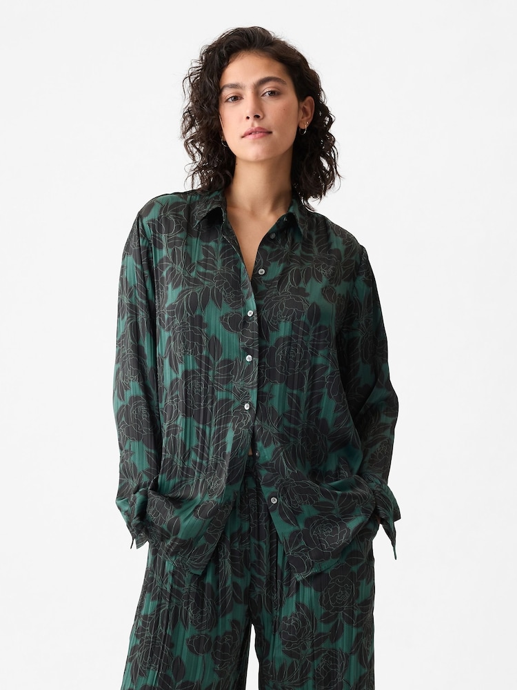 Gap Green Pleated Satin Oversized Shirt - Image 1 of 5