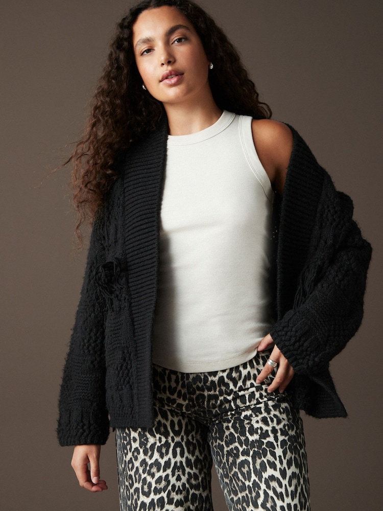 črna - Pletena pletena jopa Soft Touch Fringe - Slika 1 iz 7