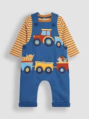 JoJo Maman Bébé Blue Tractor & Trailer Appliqué Dungarees and Top Set - Image 1 of 7