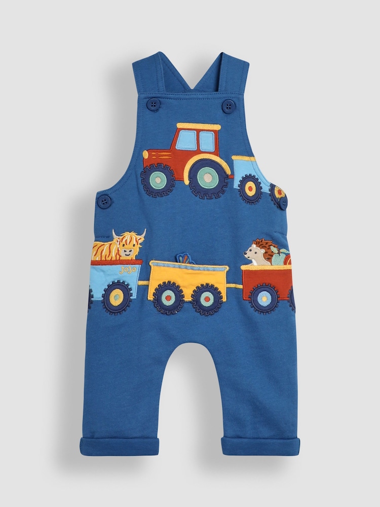 JoJo Maman Bébé Blue Tractor & Trailer Appliqué Dungarees and Top Set - Image 2 of 7