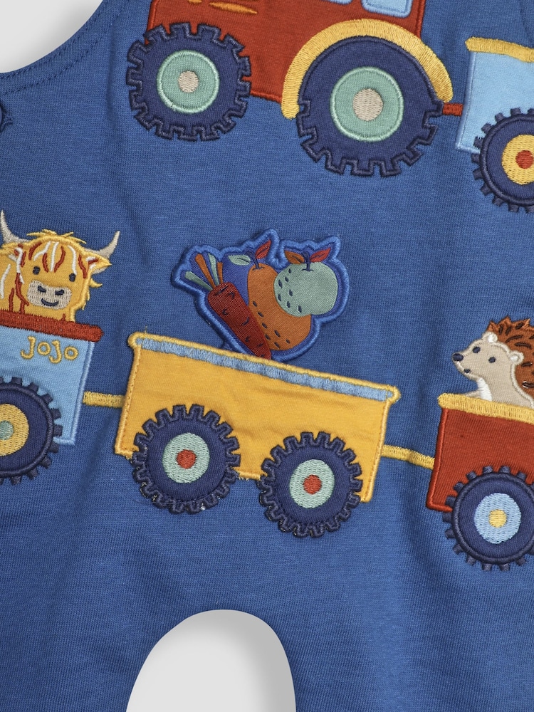 JoJo Maman Bébé Blue Tractor & Trailer Appliqué Dungarees and Top Set - Image 7 of 7